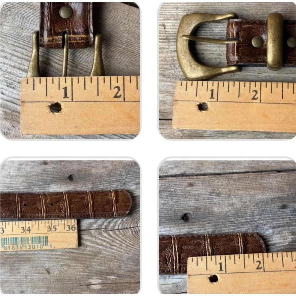Vintage SLT Brown Alligator Croc Embossed Leather Belt 38 Antique Brass Buckle